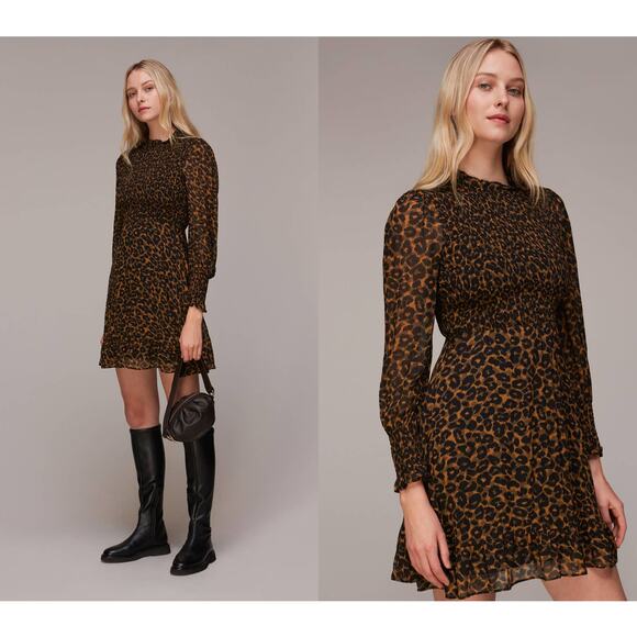 Whistles NWT Classic Leopard Print Shirred Long Sleeve Mini Dress Size 10 - Picture 1 of 13